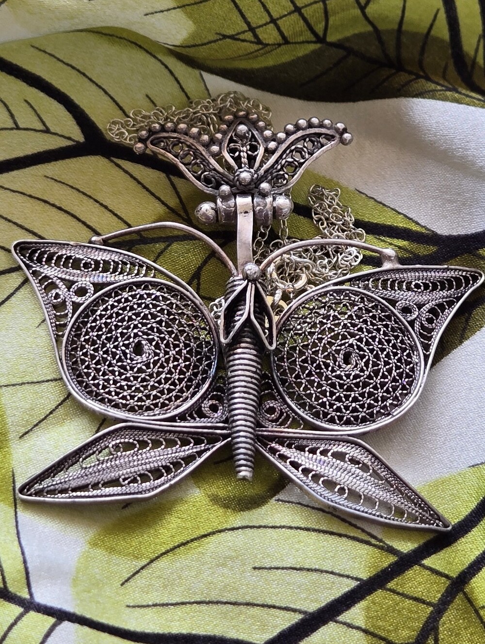 Vintage Turkish 925 S. Silver Filigree Butterfly Necklace Statement Pendant - Picture 2 of 5